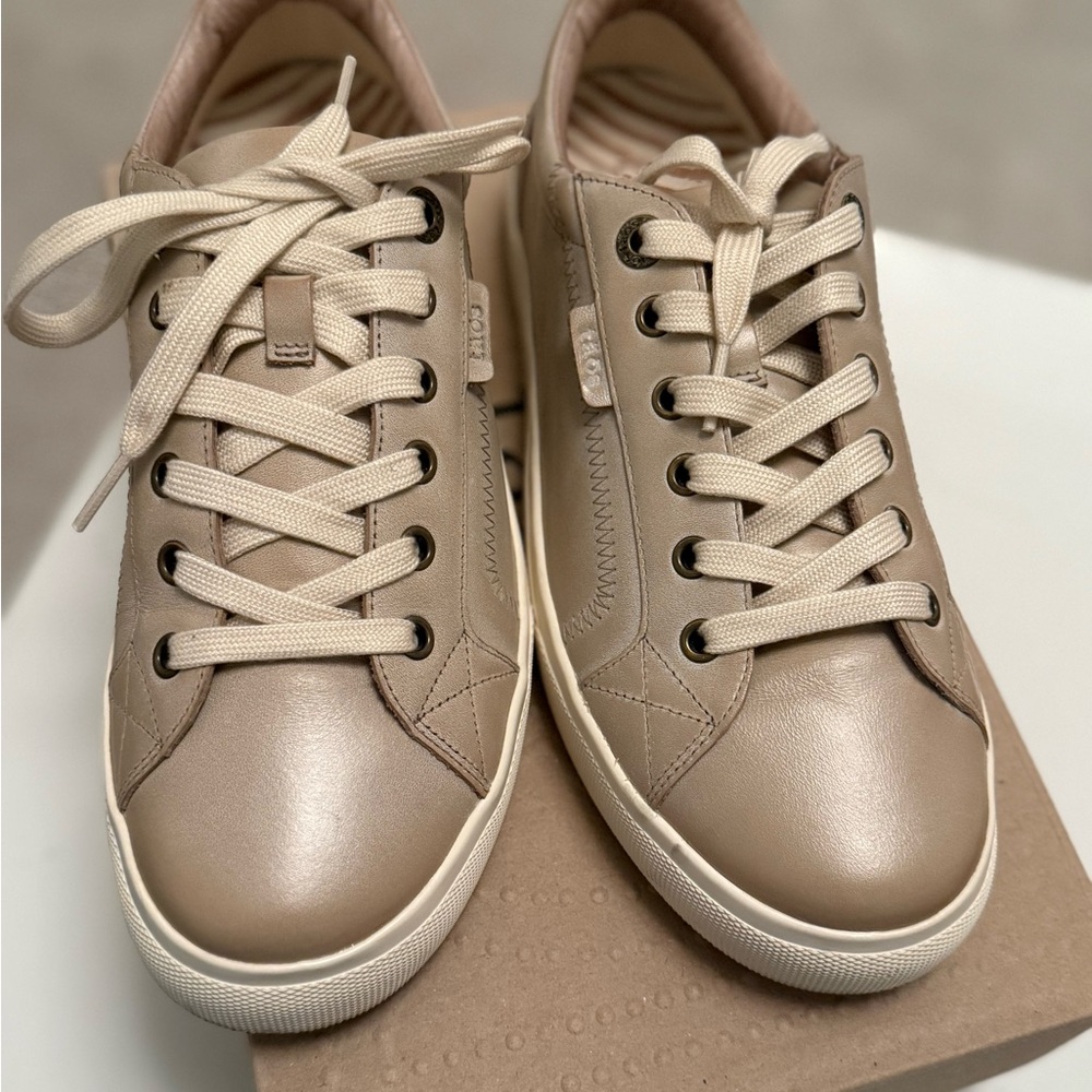 New in box. Taos Footwear Plim Soul Lux Women's Tan Lace-Up Sneakers